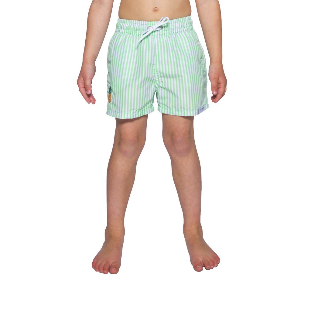 Maillot de bain enfant vert rayé motif ananas brodé porté face