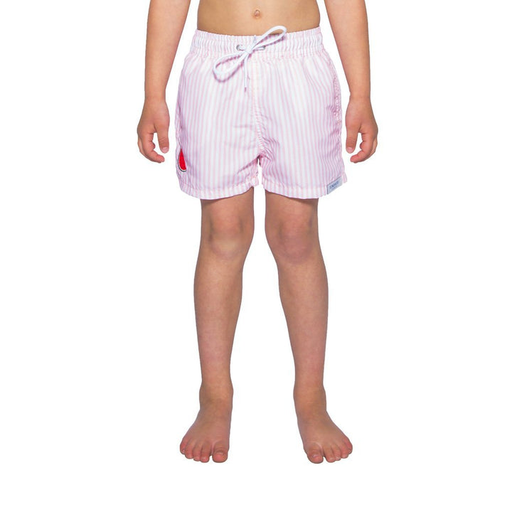 Maillot de bain enfant rose rayé motif pastèque brodé porté face